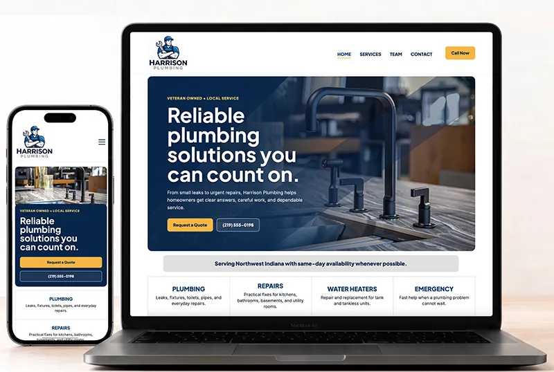 Harrison Plumbing website example shown on a phone and laptop