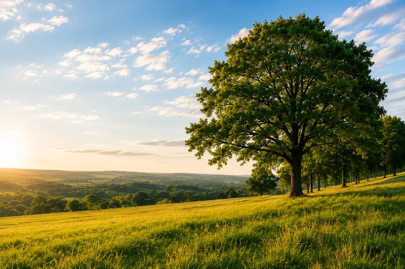 Large oak tree in a sunny open landscape